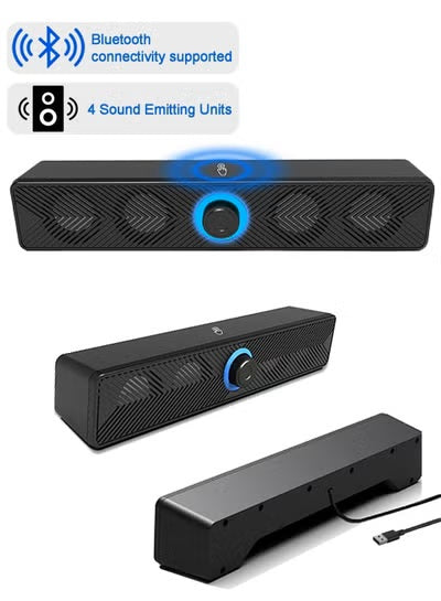 YSD Computer Speaker, Dual-Mode (USB Powered/Bluetooth 5.4) Soundbar with 4 Drivers, HIFI Stereo Sound & Volume control knob, for PC/Monitor, Black